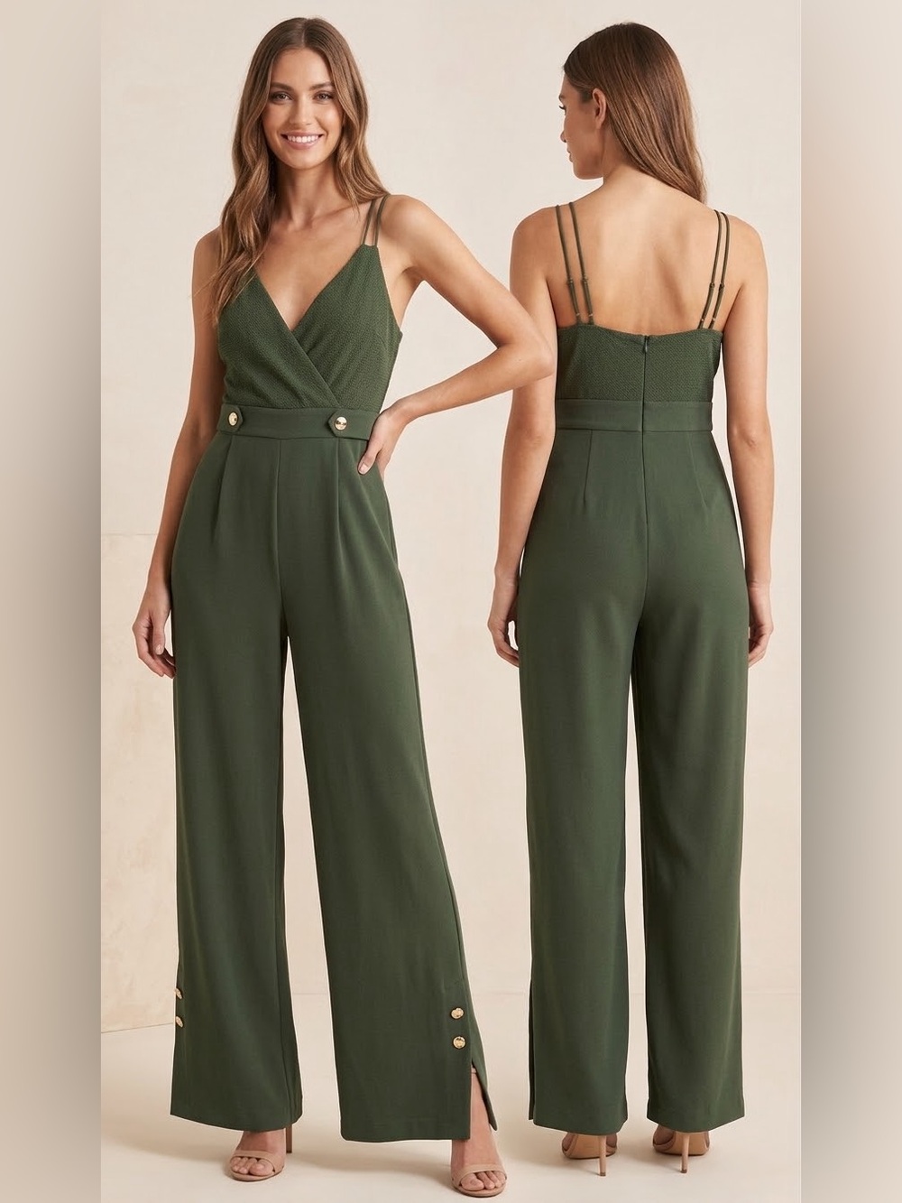 Zara Olive Green Double-Strap Wide-Leg Jumpsuit